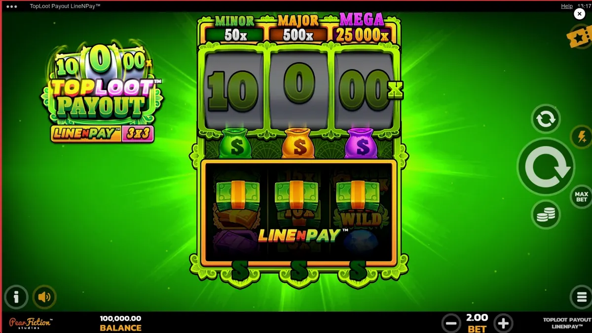 Interface do jogo TopLoot Payout LineNPay com grade 3x3 e símbolos de tesouro